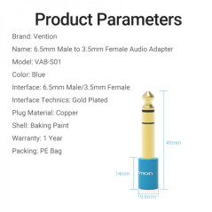 Adaptador Jack 6.5 Macho a Jack 3.5 Hembra - Color Azul